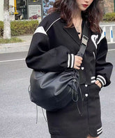 Black Faux Leather Drawstring Messenger Bag